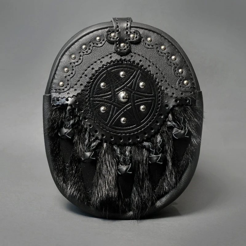 Black Leather Hunting Sporran with Black Rabbit Fur