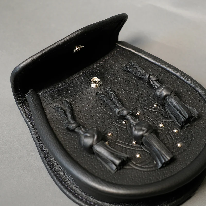Black Studded Leather Day Sporran with Braided Tassels - Image 5
