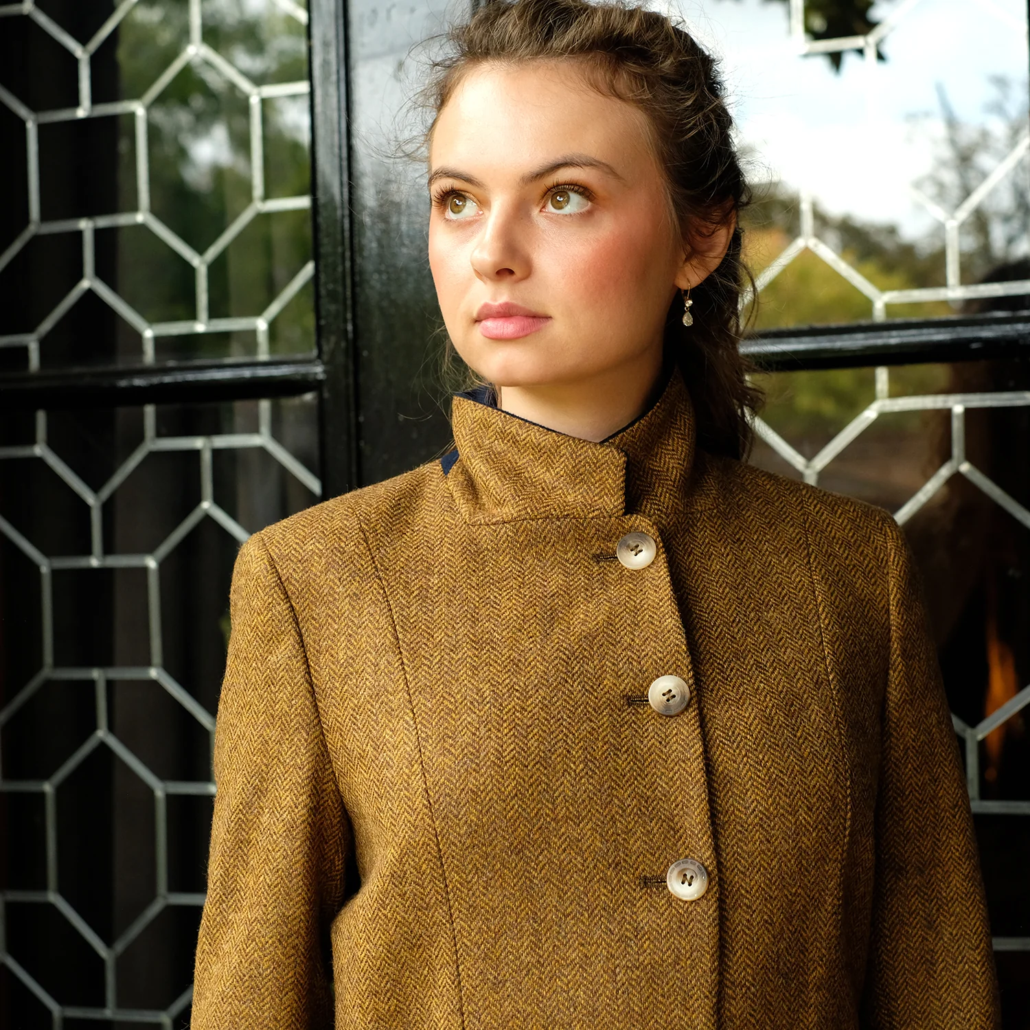 Fitted Tweed Coat in Mustard Herringbone - Image 3