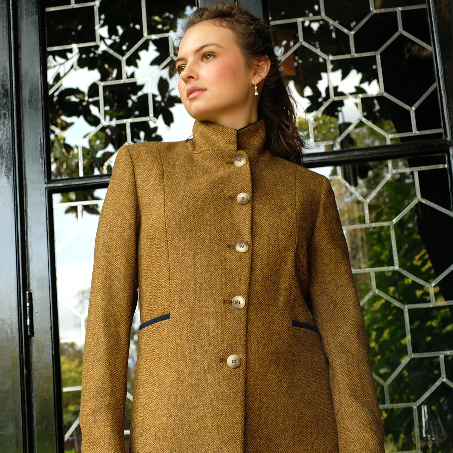Fitted Tweed Coat in Mustard Herringbone - Image 5