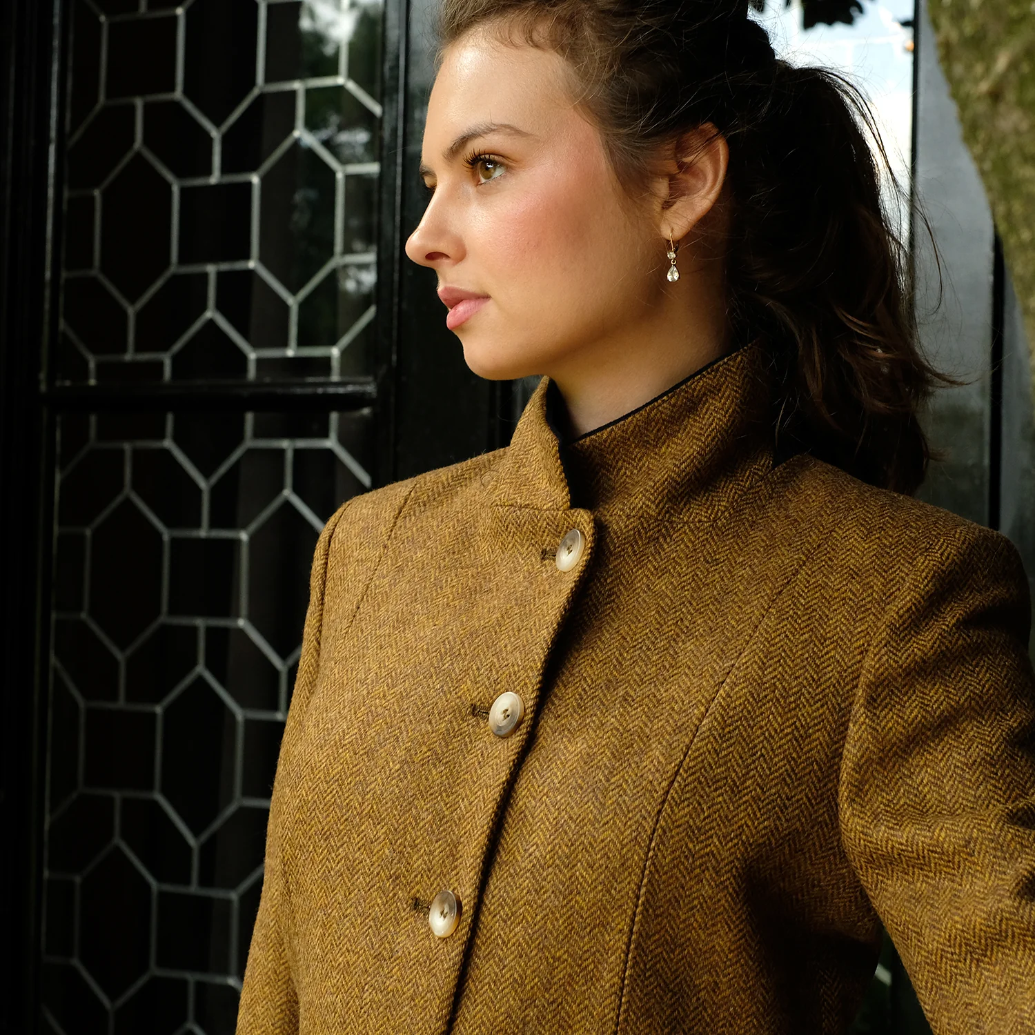 Fitted Tweed Coat in Mustard Herringbone - Image 6