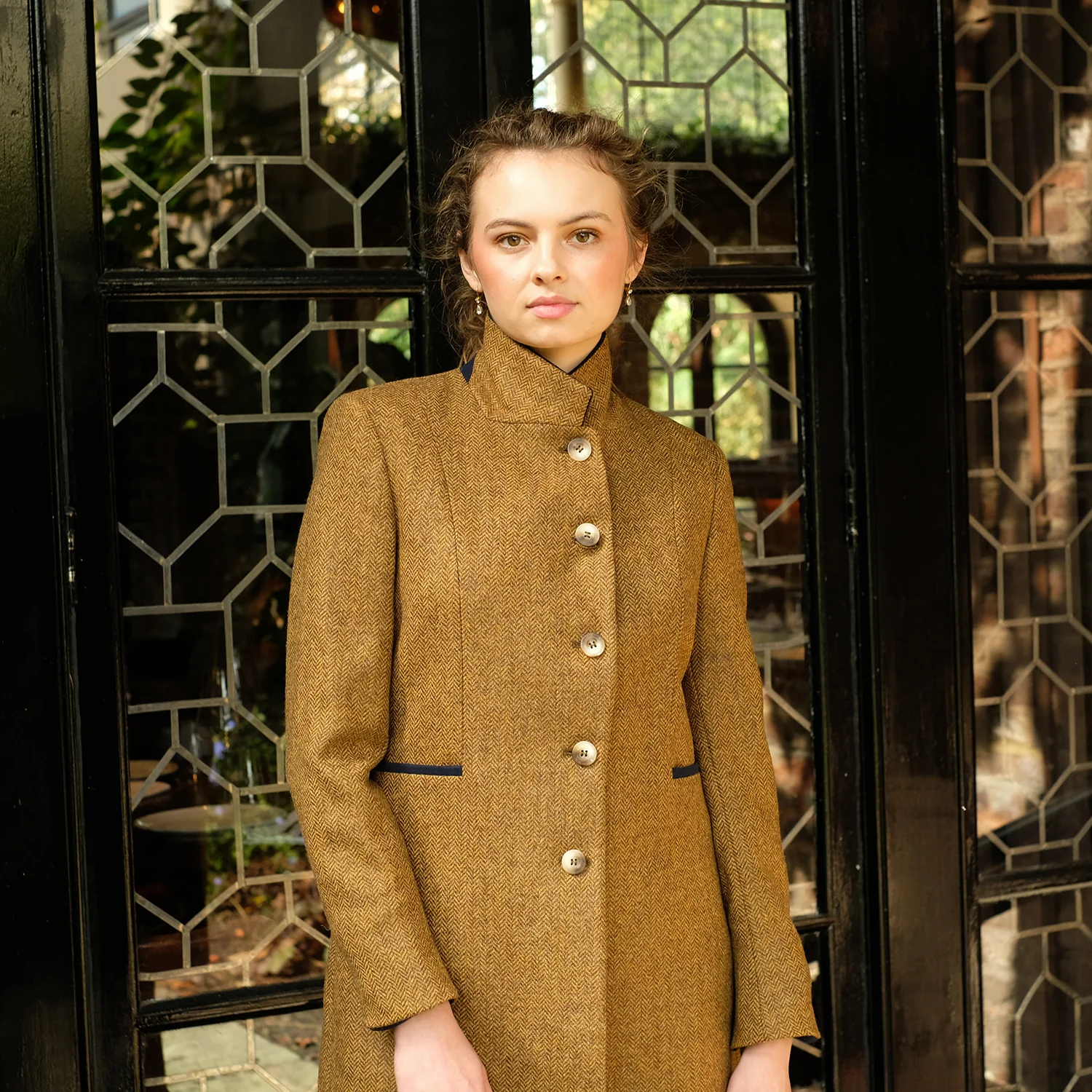 Fitted Tweed Coat in Mustard Herringbone - Image 7