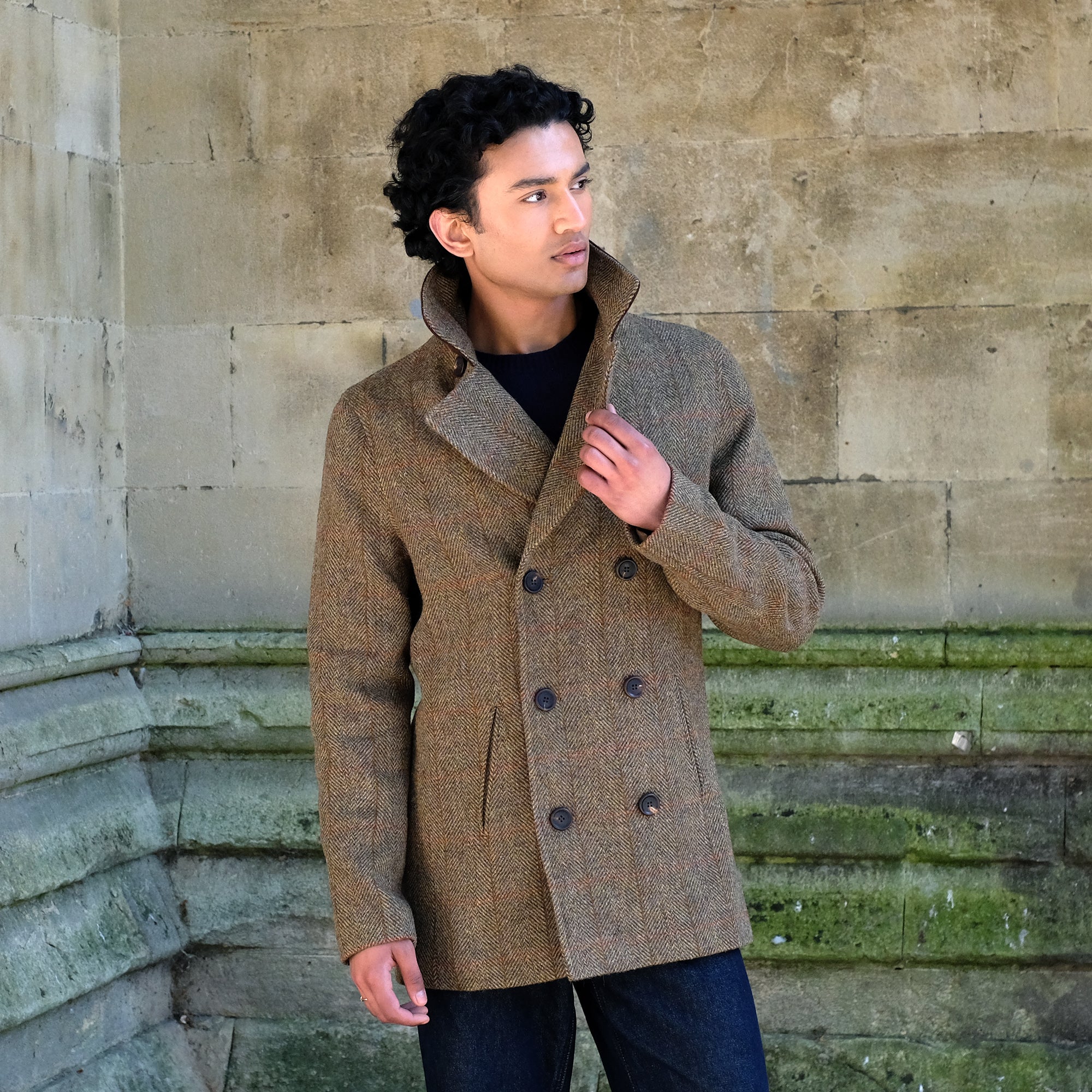 Harris Tweed Peacoat in Green Herringbone - Image 3