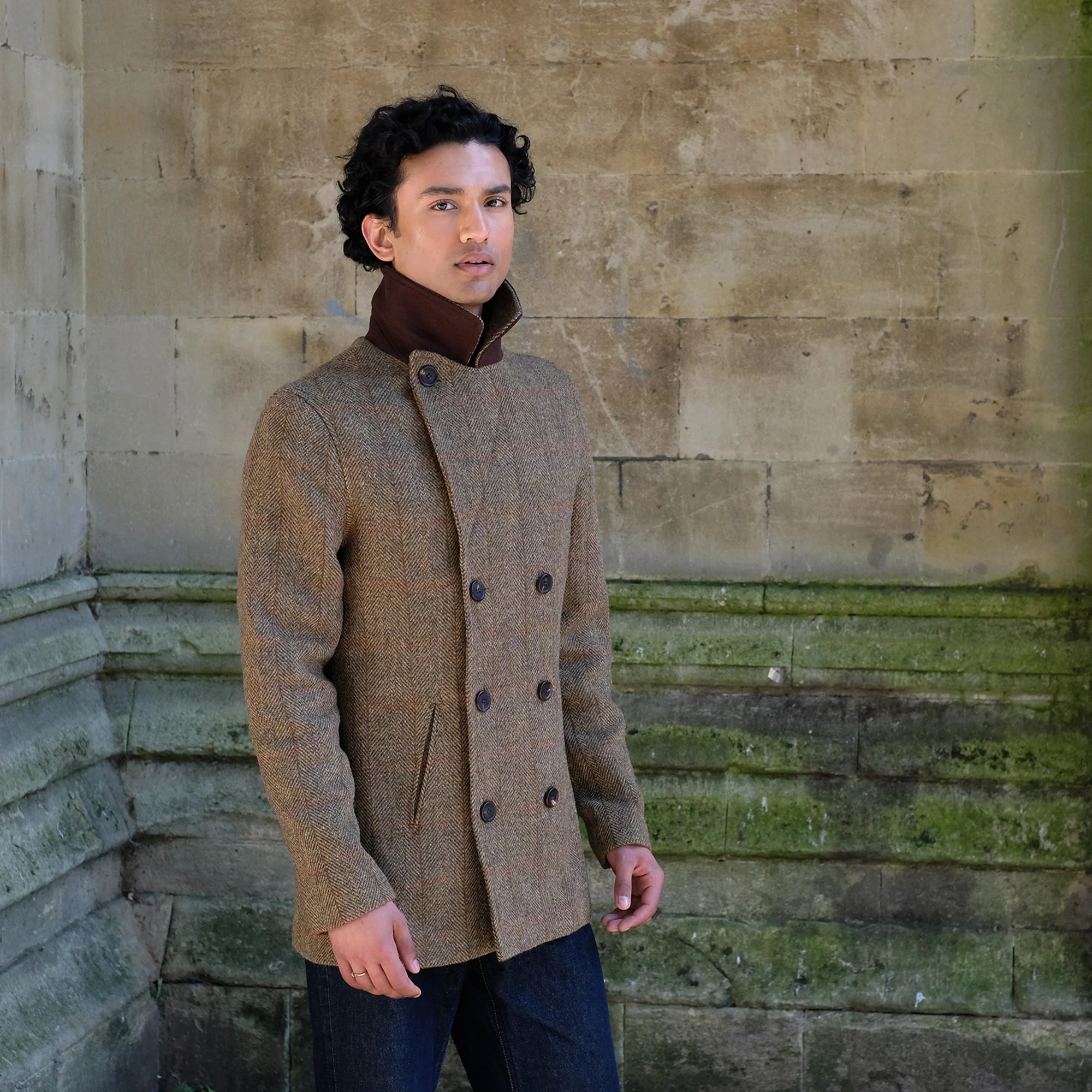 Harris Tweed Peacoat in Green Herringbone - Image 4
