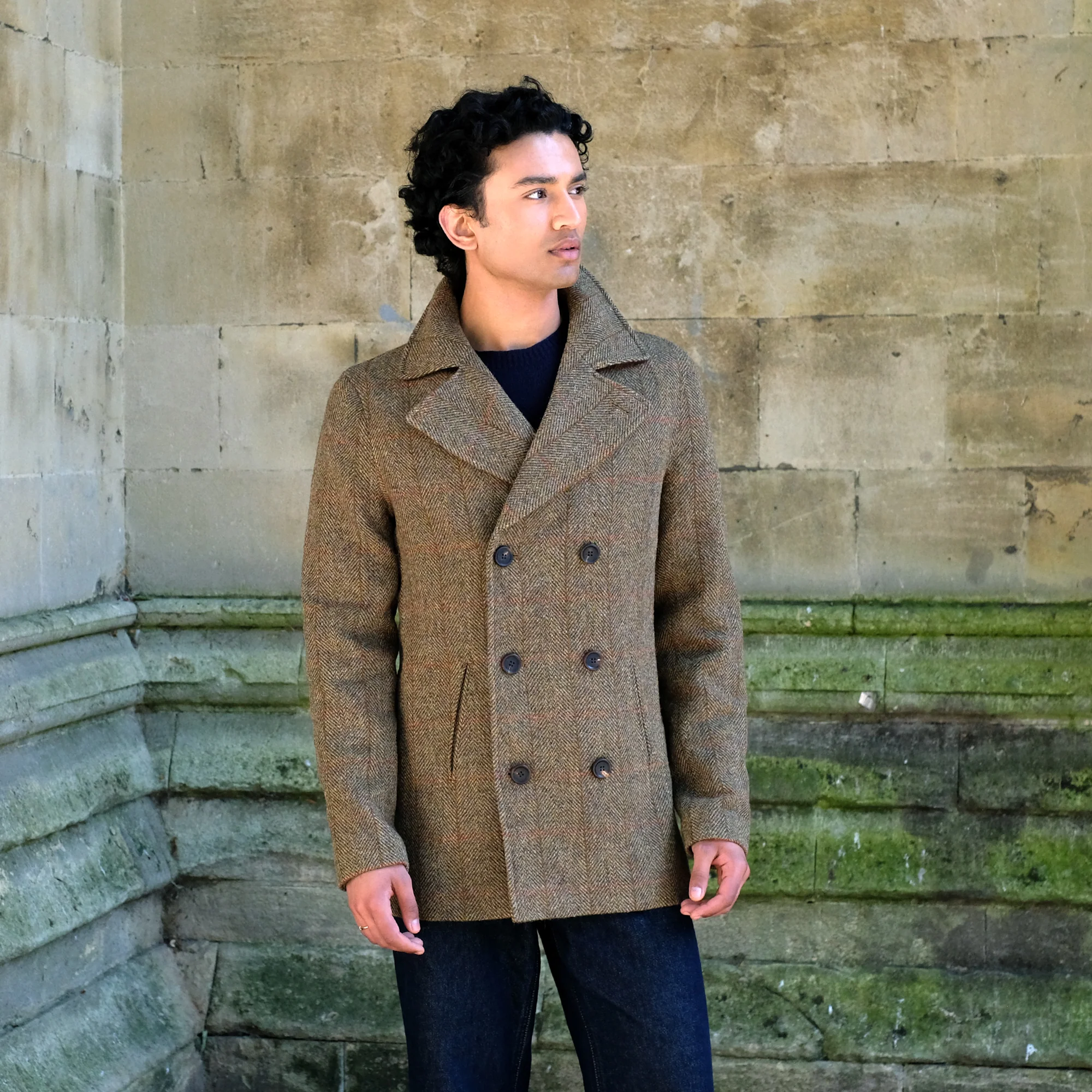 Harris Tweed Peacoat in Green Herringbone - Image 5
