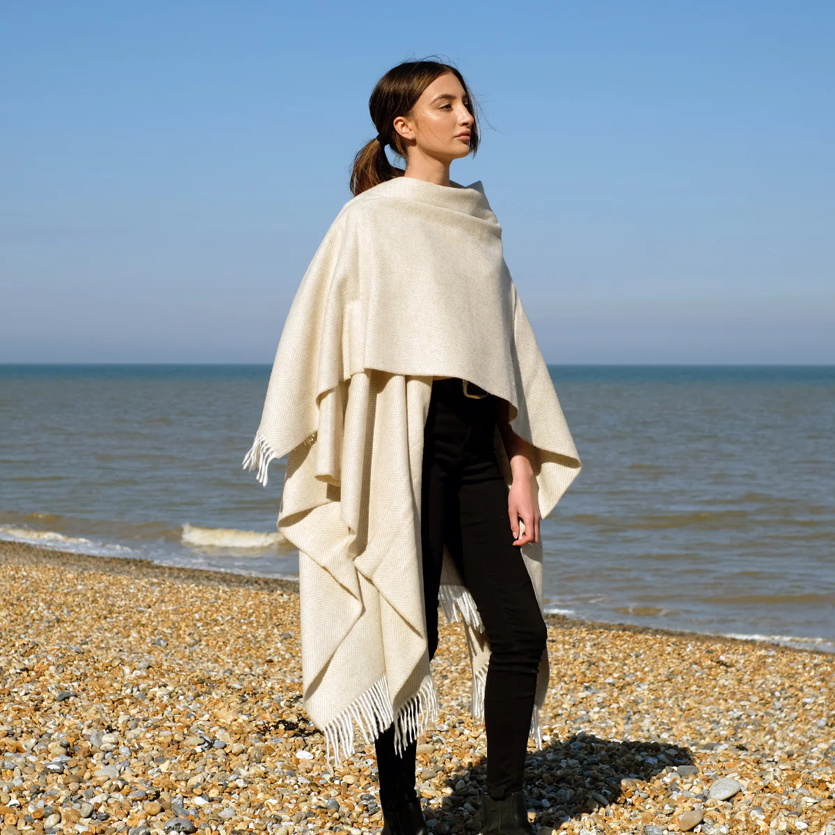Lambswool Poncho in Beige Herringbone