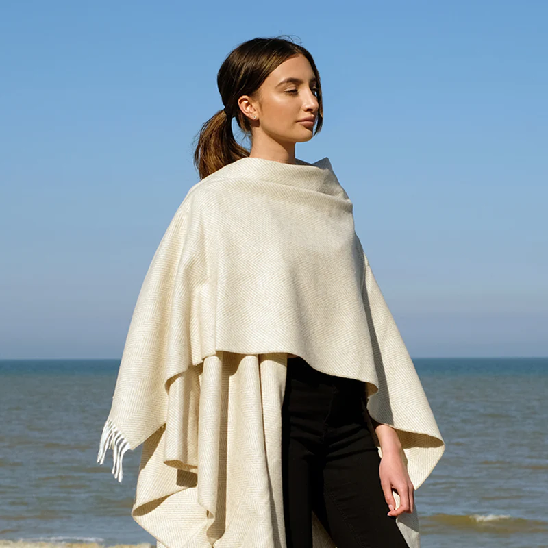 Lambswool Poncho in Beige Herringbone - Image 2