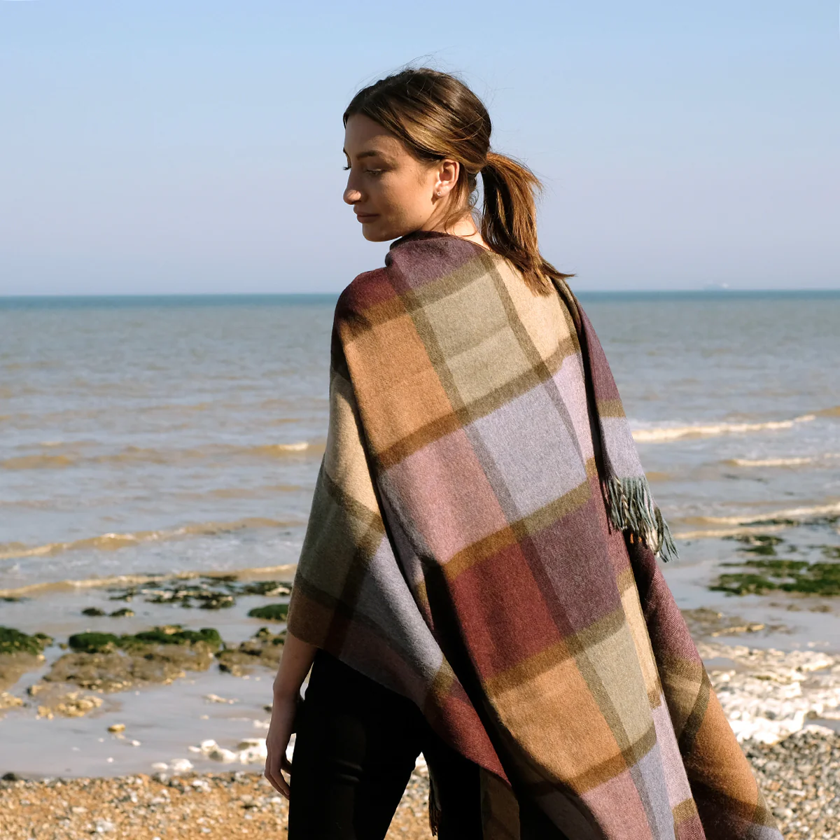 Lambswool Poncho in Purple and Green Block Check - Image 3