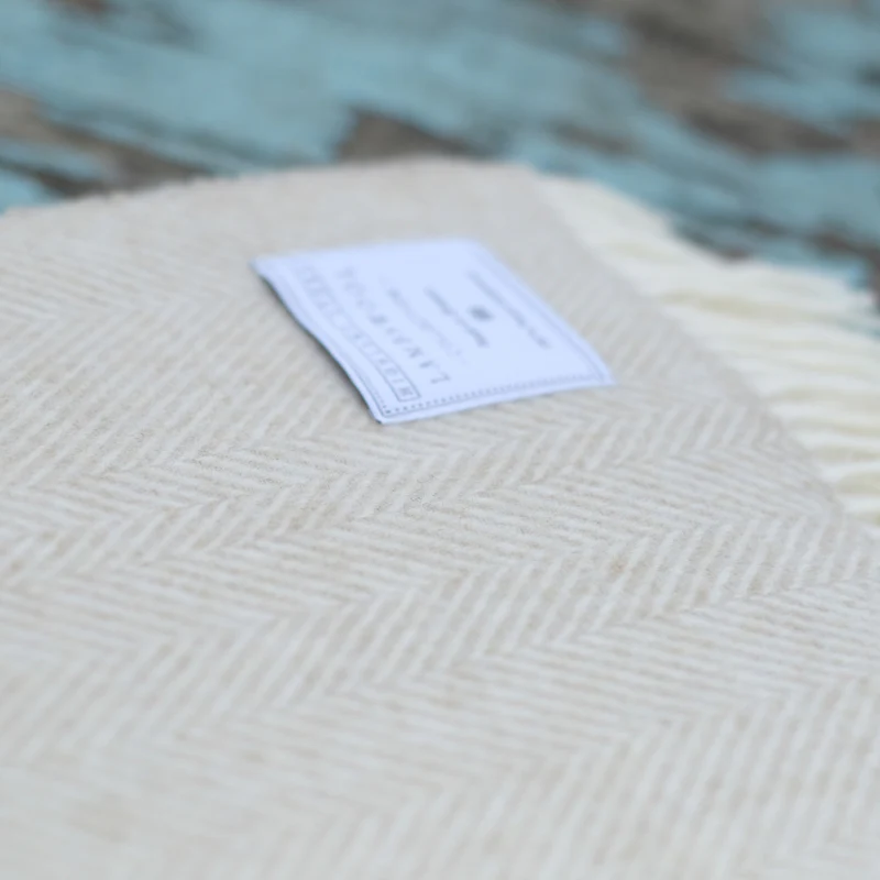 Merino Wool Herringbone Blanket in Beige - Image 3