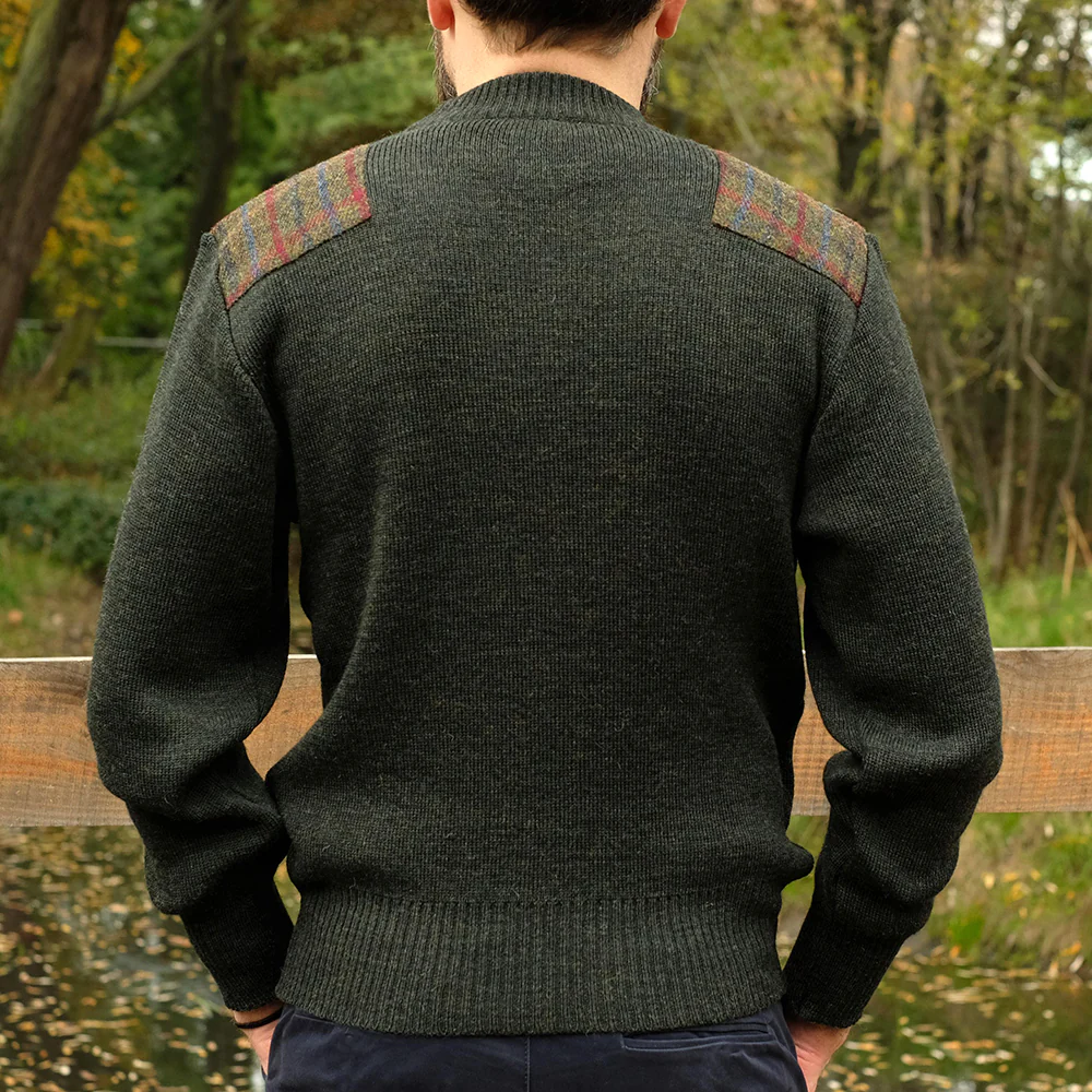 Military style jumper with Harris Tweed shoulder patches in dark green - Image 4