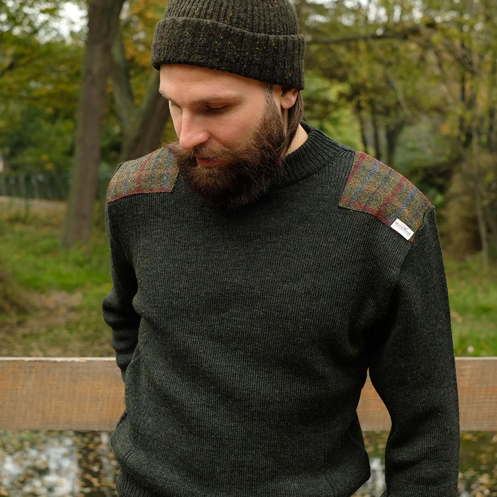 Military style jumper with Harris Tweed shoulder patches in dark green - Image 8