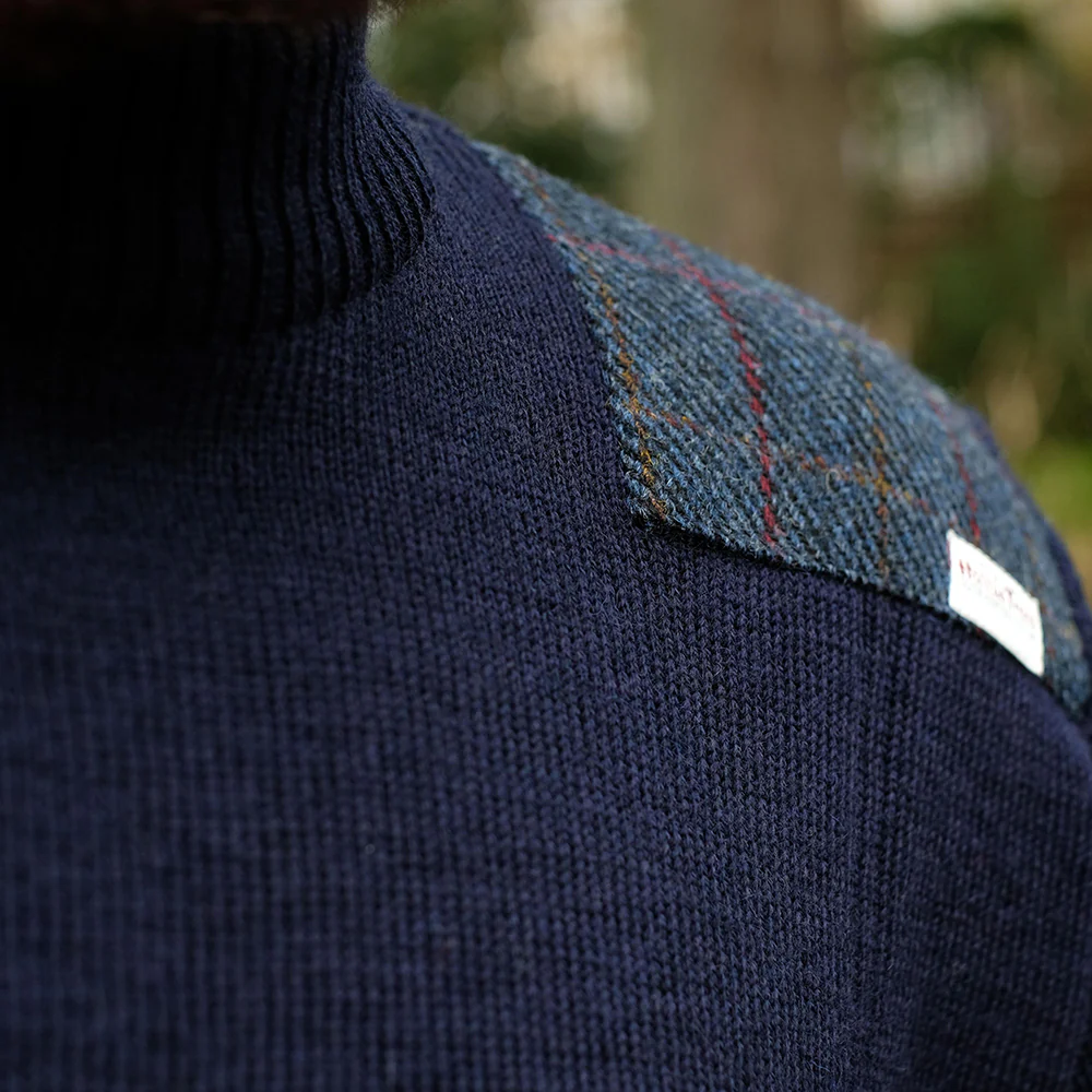 Military style jumper with Harris Tweed shoulder patches in navy - Image 5