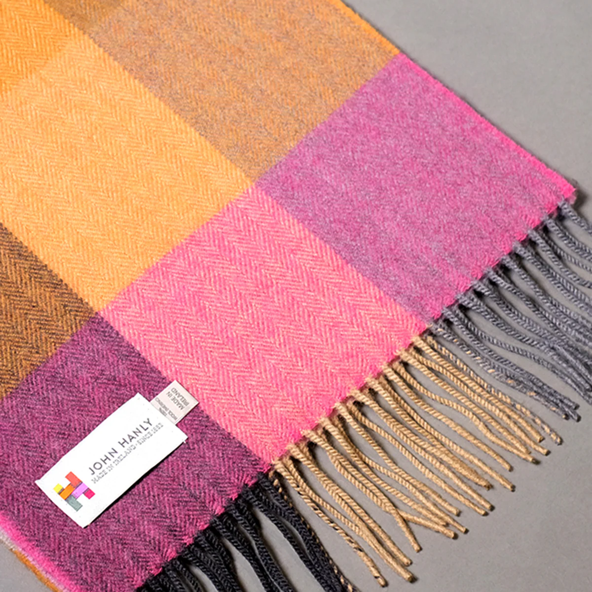 Pure merino wool scarf with pink and orange block check pattern - Image 2