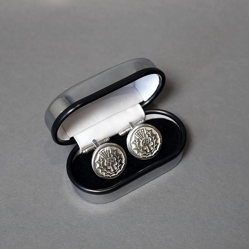 Round Pewter Cufflinks with Thistle Design - Image 2