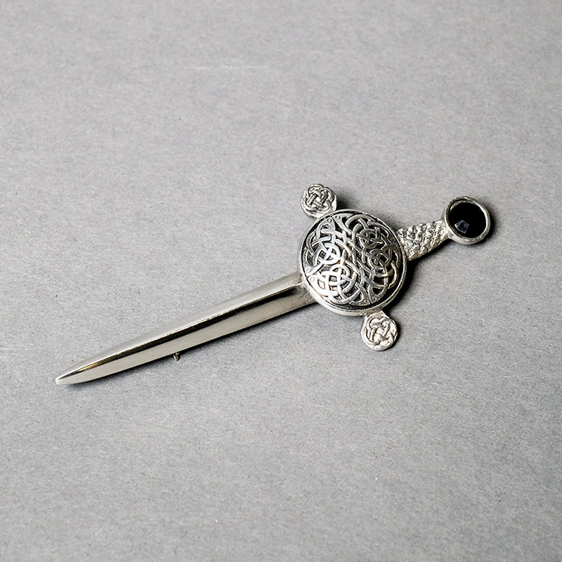 Sword with Celtic Emblem and Black Gem Pewter Kilt Pin